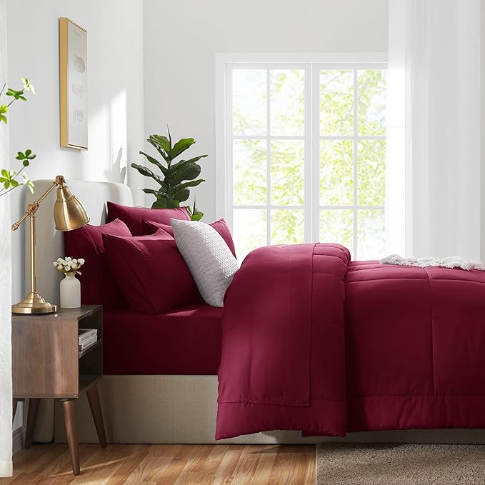 CozyLux Queen Comforter Set Burgundy, 7 Pieces Bed in a Bag, Red Comforter Queen Size, All Season Bedding Sets with Stitch Quilted Comforter, Flat Sheet, Fitted Sheet, Pillowcases