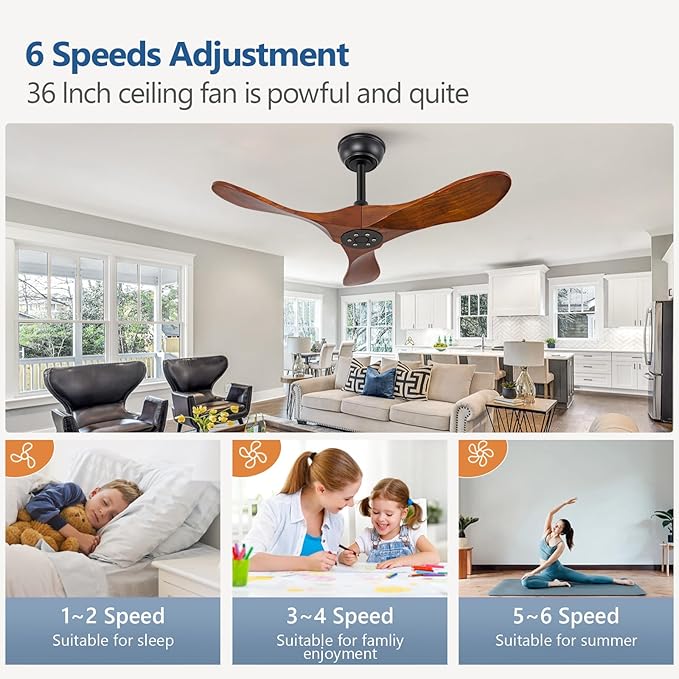 36 Inch Solid Wood Ceiling Fan with Remote,Ceiling Fan no Light,6 Speeds,Noiseless,Reversible DC Motor,Modern Ceiling Fans without Lights for Living Room Bedroom Farmhouse,Patios