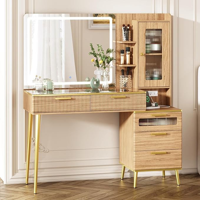47.24" Big Modern Vanity Desk with Mirror and Lights,Makeup Vanity Desk with 5 Drawers and Storage Shelves & Power Outlet,Dressing Table with Glass Top, Oak