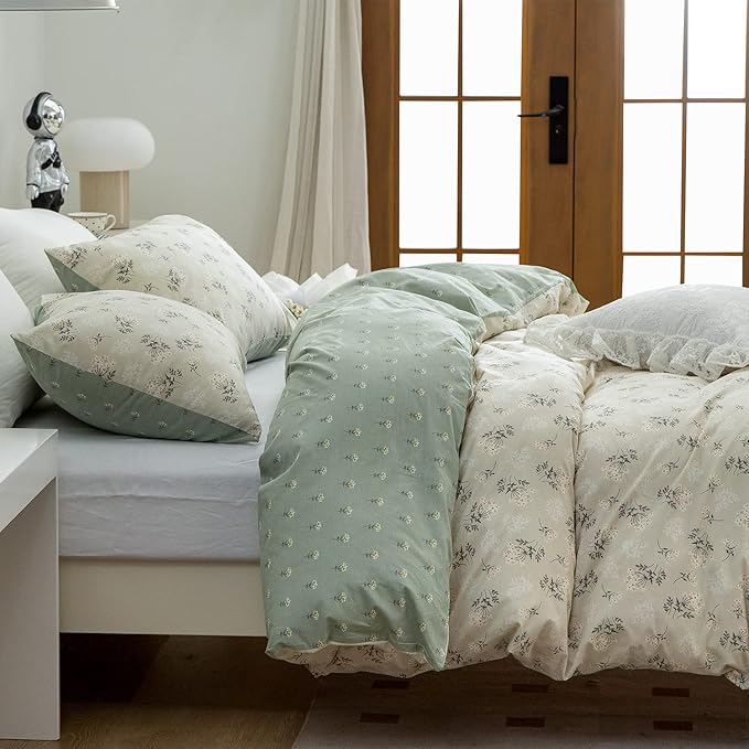 Floral Full Comforter Set Soft Cute Floral Bedding Comforter Sets Garden Style Green Flower Print Botanical Flowers Full Comforter Set for All Seasons 1 Comforter and 2 Pillowcases