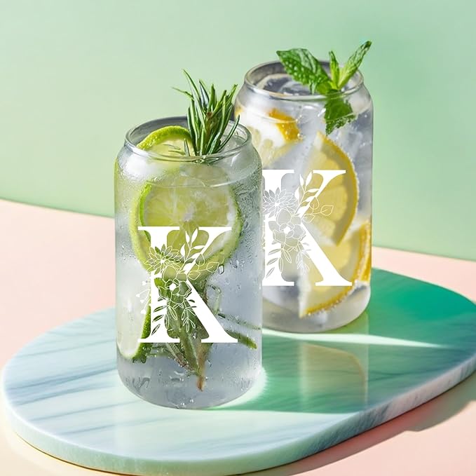 Unique Initial Glass Cup with Lids and Straws, Monogrammed Gifts Box Included Makeup Bag, Christmas Birthday Gifts for Women Mom Sister Grandma, K