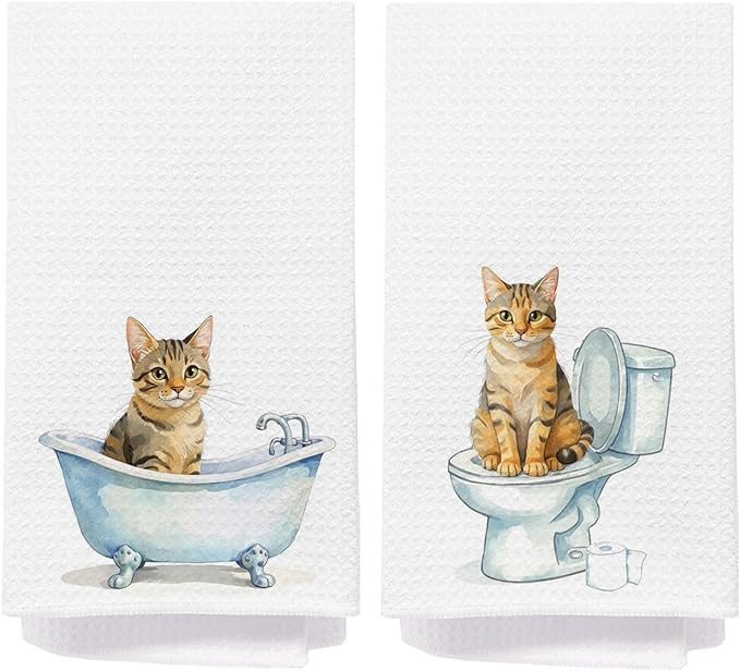 Cat Bathroom Decor Hand Towels, Funny Cats Gifts for Women, Funny Toilet Bath Kitten Decorative Hand Towels for Kids Bath Room Washroom, 16x24 Inch Set of 2