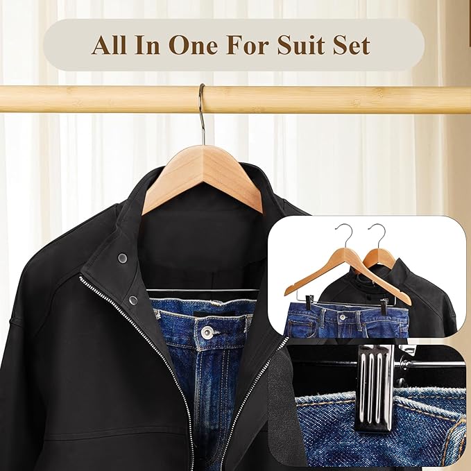 Wooden Hangers with Adjustable Heavy Duty Clips - 24 Pack Pants, Skirt, Jeans, Slacks, Shorts Hangers (Natural)