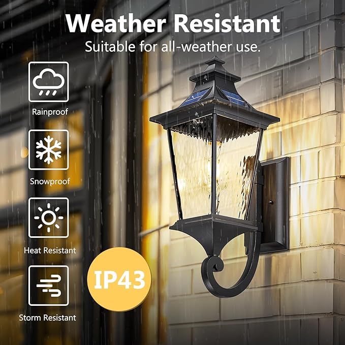 Emliviar Solar Wall Lantern Outdoor, Waterproof Outdoor Sconce Light, Dusk to Dawn LED Exterior Wall Lighting with Water Ripple Glass, Black Finish, 500181-SL SW BK