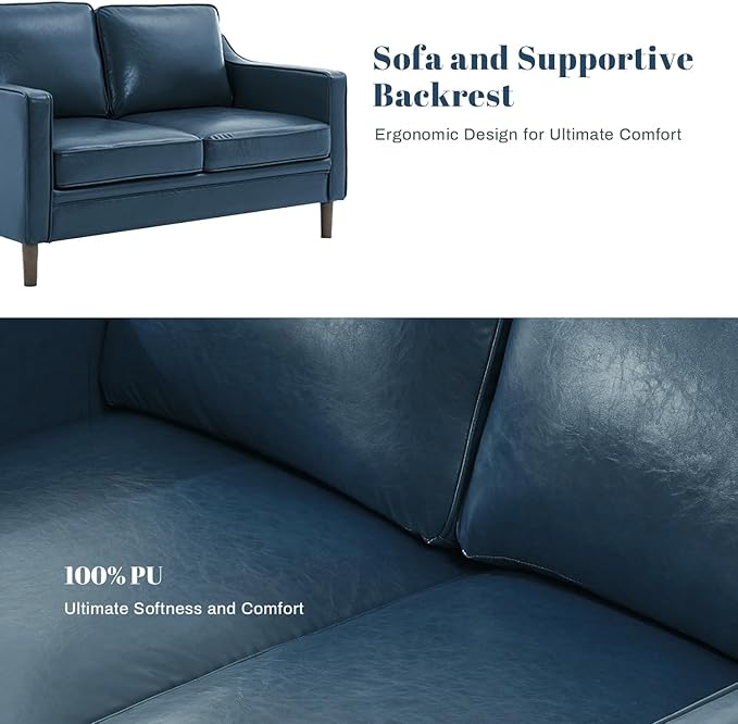Kingfun 56" Faux Leather Sofa, Loveseat Couch, Mid Century Modern Love Seat Couches with Solid Wood Frame for Living Room & Bedroom, Royal Blue