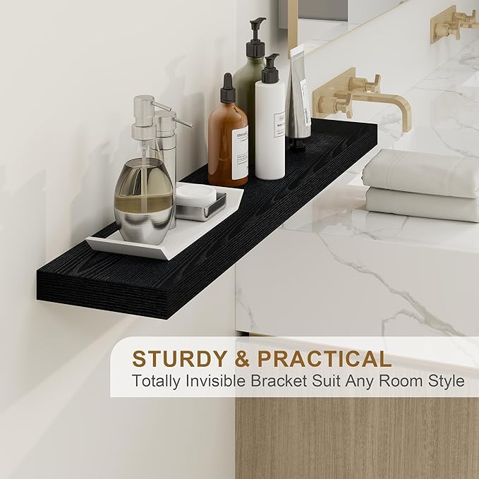 Fun Memories Floating Shelves for Wall, 55Inch Floating Shelves Set of 2, Hanging Shelf with Invisible Brackets, Wood Shelves for Living Room, Bedroom, Kitchen, Black