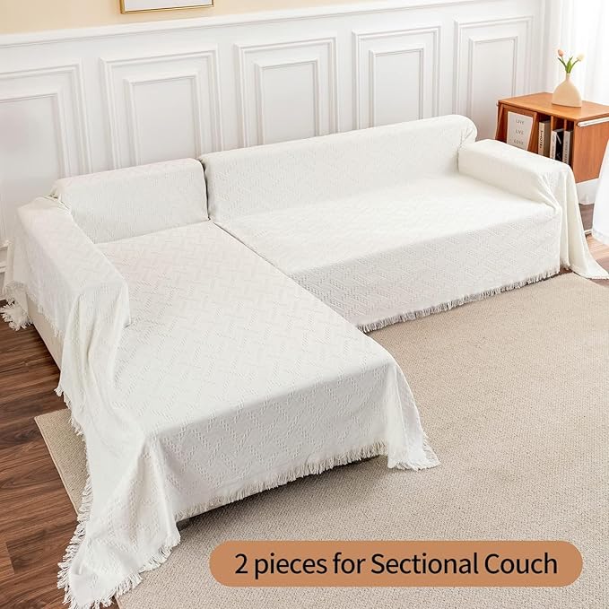 Deep Dream Sofa Cover, Sectional Couch Covers, Couch Covers for 3 Cushion Couch, Couch Cover for Dogs, Geometrical Jacquard Fabric Sofa Cover (X-Large, 71" x 118", White)