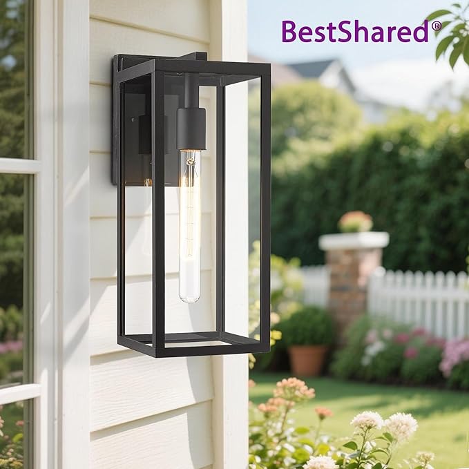 Bestshared Outdoor Wall Sconce Lights,Exterior Wall Lighting Fixtures with Clear Glass, Anti-Rust Modern Black Outside Lantern Lamp for House Front Porch Doorway Patio (Black, 15"-3 Pack)