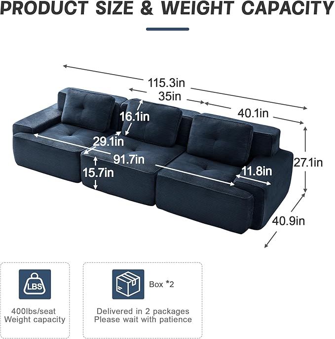 115" Modern Compressed Boneless Couch, 3 Seater Sectional Couches for Living Room, Blue Corduroy Cloud Modular Sectional Sofa, Comfy Memory Foam, Extra Deep, Sofas para Sala, No Assembly