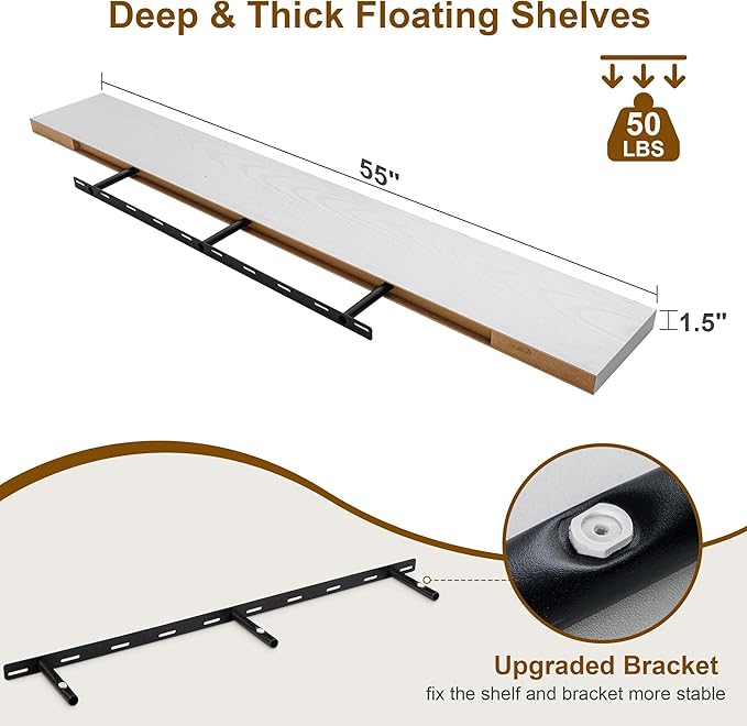 Fun Memories Floating Shelves for Wall, 55Inch Floating Shelves Set of 2, Hanging Shelf with Invisible Brackets, Wood Shelves for Living Room, Bedroom, Kitchen, White