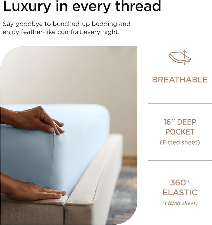 Threadmill 100% Cotton Sheets for Cal King Size Bed - 600 Thread Count Cal King Bed Sheets Set with 16” Deep Pocket - Sateen Weave 4-Piece Bedding Set with Cooling Effect, Blue