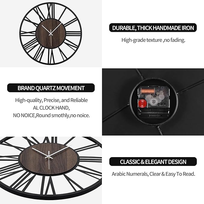 Large Wall Clock for Living Room Decor, 24 Inch Non Ticking Silent, Battery Operated Modern Vintage Oversized Wall Clock for Bedroom Kitchen