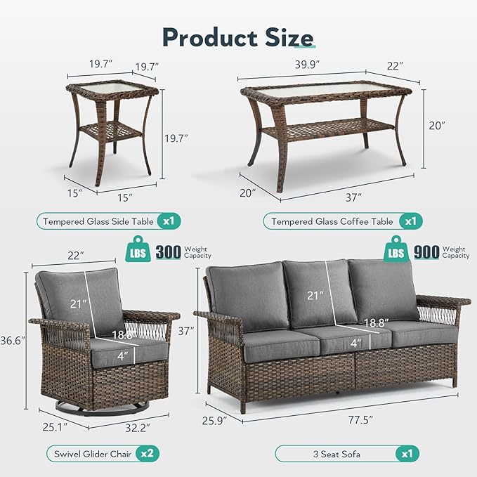 5 Pieces Wicker Patio Furniture Set - Hollow Widen Armrests Outdoor Swivel Glider Chairs and 3 Seat Sofa with Coffee Table & Side Table for Balcony Porch Deck and Yard - Brown/Gray