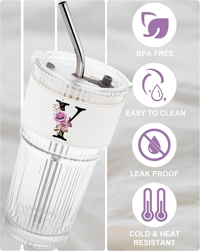 Initial Glass Cup with Lid Straw Ribbed Ice Tea Matcha Coffee Latte Friend Happy Birthday Tumbler Women Girl 16th 18th 19th 20th 21th 30th Year Old Funny Meaningful Personalized Cute Preppy Gift Y