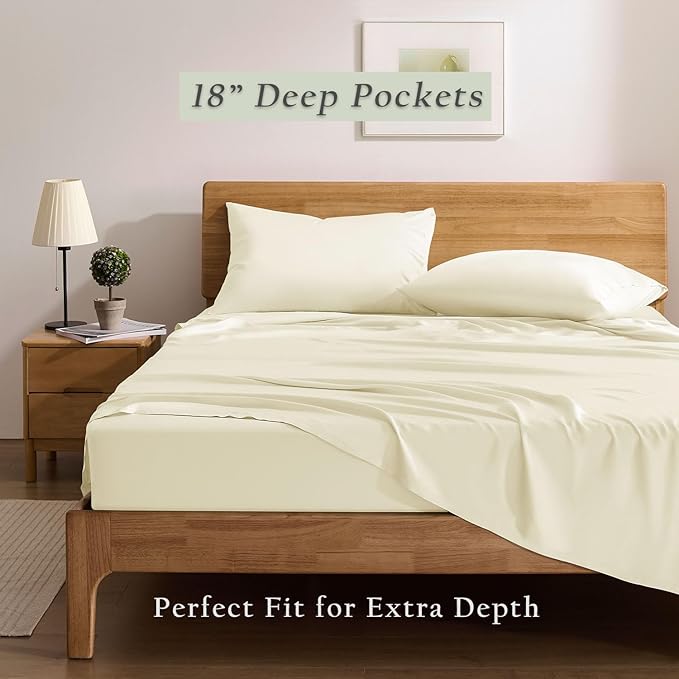 TOSMO Luxury Cooling Sheet Set - 100% Viscose from Bamboo, 4-Piece Bedding Set (Queen Size) - 18” Extra Deep Pockets, Oeko-Tex Certified, Silky Soft and Breathable, Vanilla Yellow