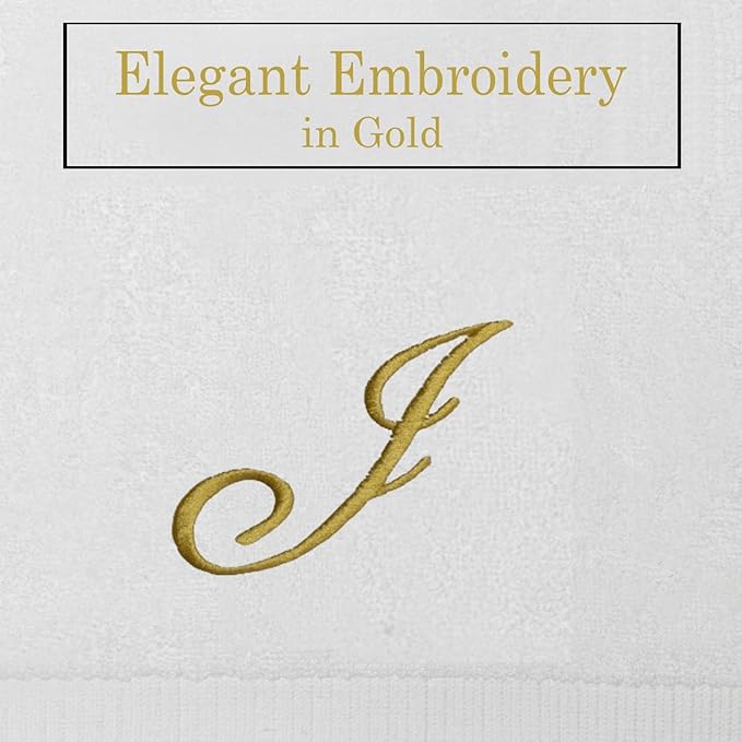 White Monogrammed Hand Towels for Bathroom - Luxury Hotel Quality Personalized Initial Embroidered Towel for Powder Room, Spa - GOTS Organic Certified - Set of 2 Gold Letter J