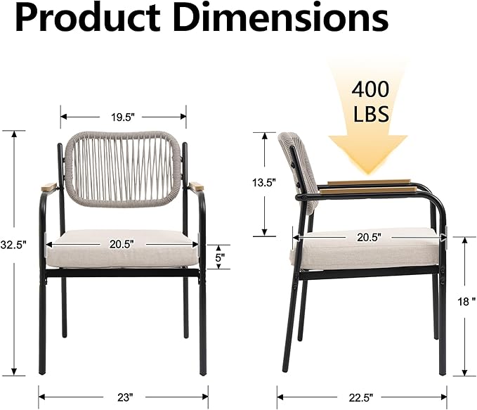 Outdoor Dining Chairs Set of 6, Wicker Patio Dining Chairs with Removable Cushions, Rectangle Patio Table Chair, All Weather Outdoor Chairs, Metal Lawn Chair for Adults/Indoor/Deck, Beige