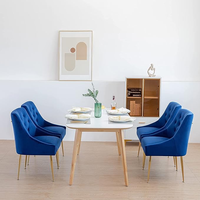 Modern Dining Chairs Set of 6, Mid Century Chairs with 5.12” Cushions and Golden Legs, Velvet Upholstered Dining Chairs with Back Pull Rod, for Kitchen, Living Room (Blue)
