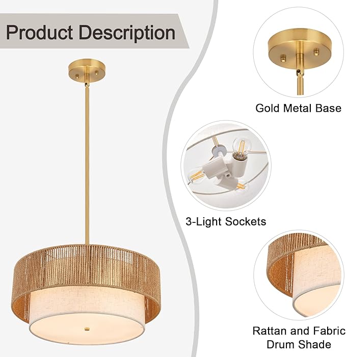 18" Drum Chandelier Dining Room Light Fixture with Rattan Shade,3-Light Modern Kitchen Table Light Fixture for Bedroom, Bathroom, Living Room