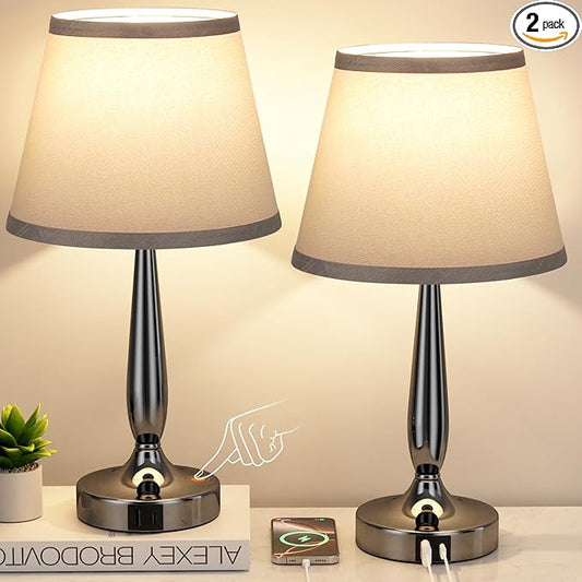 Kakanuo Touch Table Lamp for Bedroom Set, Small Bedside Lamps Set of 2 with USB C Charging Port, 3 Way Dimmable Touch Control Nightstand Lamps, LED Bulb Included
