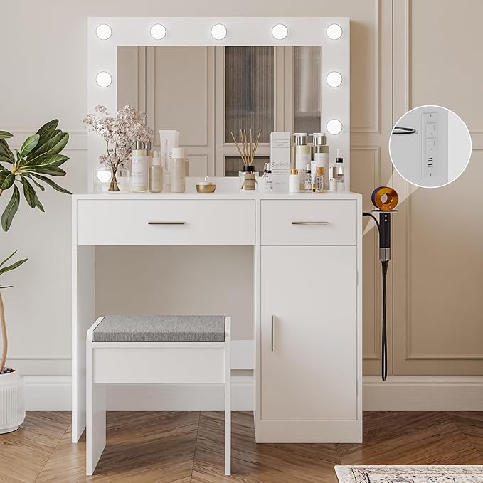 Vanity, Vanity Desk with Mirror, Large Drawer and Power Socket with 11 Light Bulbs and 3 Adjustable Lighting Modes, Vanity Table Ideal for Bedroom (White)