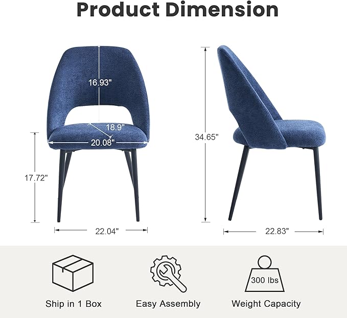Rowill Boucle Dining Chairs Set of 6, Morden Upholstered Dining Room Kitchen Chairs with Metal Legs for Living Room, Bedroom, Restaurant, Blue