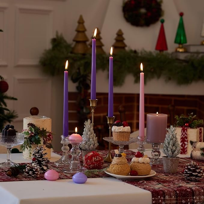 10-Inch Tall Dripless Advent Candles Set of 12, Tapered Candles, Perfect for Christmas - Smokeless, Unscented, Long Burning - Hand Poured, Colored Tall Candlesticks - Pink and Purple