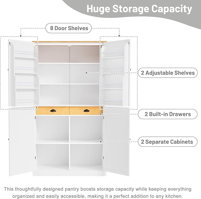 Merax 71.3" Tall Kitchen Storage Cabinet Pantry Farmhouse Freestanding Large Cupboard with 2 Drawers,2 Adjustable Shelves,8 Door-Shelf for Dining Room,White