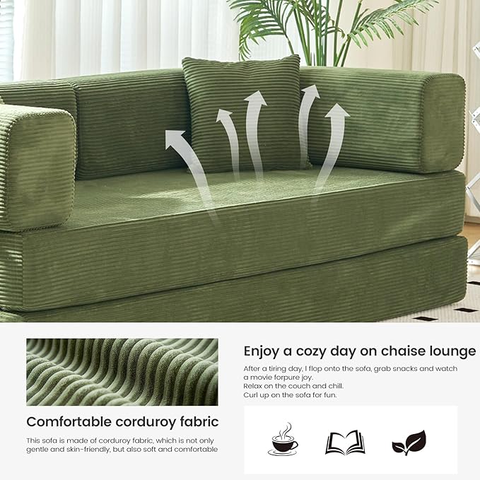 Folding Sofa Bed Convertable Corduroy Couch King Size Floor Sleeper 4-in-1 DIY Combination sofabed Fold Out Futon Lounge Comfy Foldable couches cama for Living Room (Green, 80.15")