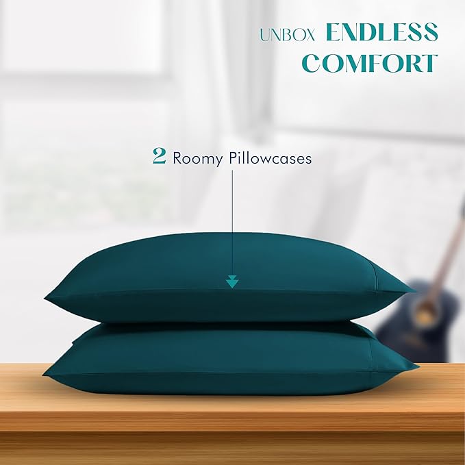 XOOX Linen 100% Egyptian Cotton Pillow Cases Standard/Queen Size Set of 2 - Luxury 1200 Thread Count Sateen Teal Pillow Cases, Silky Soft Cooling Pillowcases Fits Standard & Queen Size Pillows