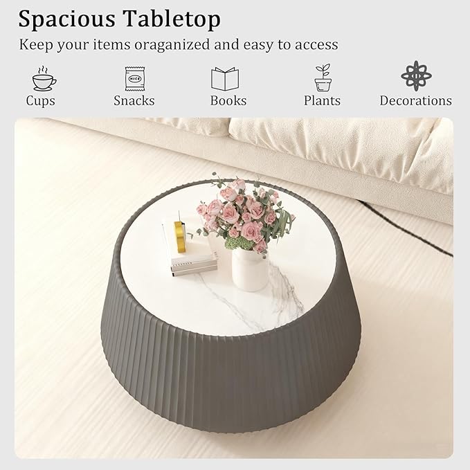 Grey Round Coffee Table with Sintered Stone Tabletop, 26.77" Drum Coffee Table with Fluted PU Leather Covered and Stable Base, Circle Cocktail Tea Table for Living Room