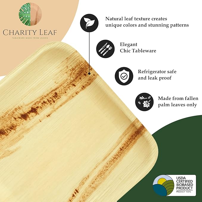 Charity Leaf Disposable Palm Leaf 12" Square Plates (25 pieces) Bamboo Like Serving Platters, Disposable Boards, Eco-Friendly Dinnerware For Weddings, Catering, Events