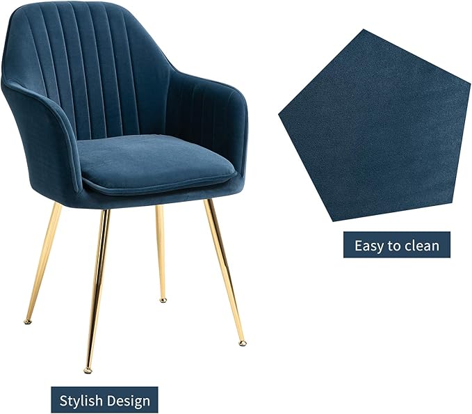 ECOTOUGE Matte Velvet Dining Chairs Set of 4, Modern Arm Chair with Golden Metal Legs, Living Room Accent Chairs for Kitchen, Blue