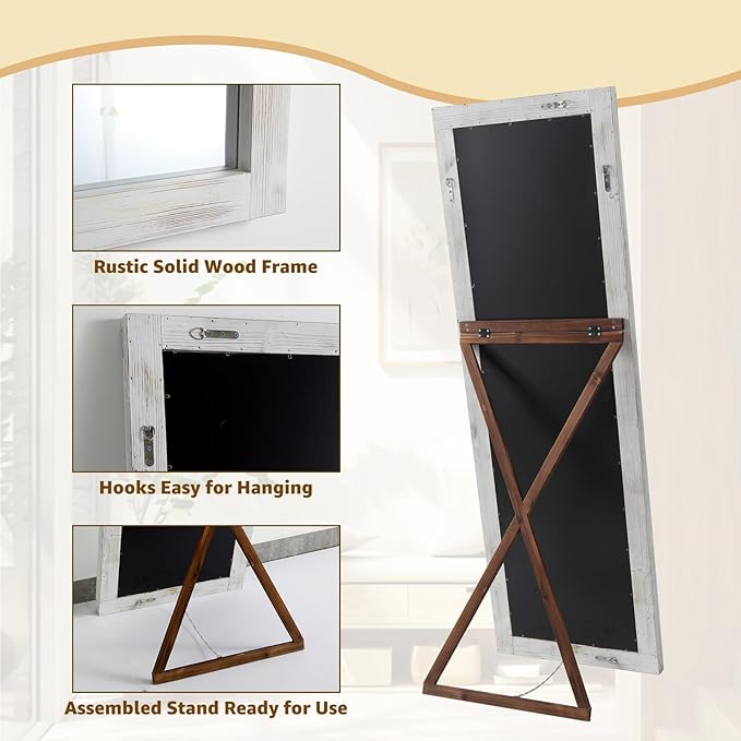 MELOMOIR Rustic Farmhouse Full Length Mirror, 64"x21" Wood Frame Floor Mirror, Free Standing Mirror Leaning Hanging Mirror, Long Mirror for Bedroom Living Room Cloakroom, Weathering White