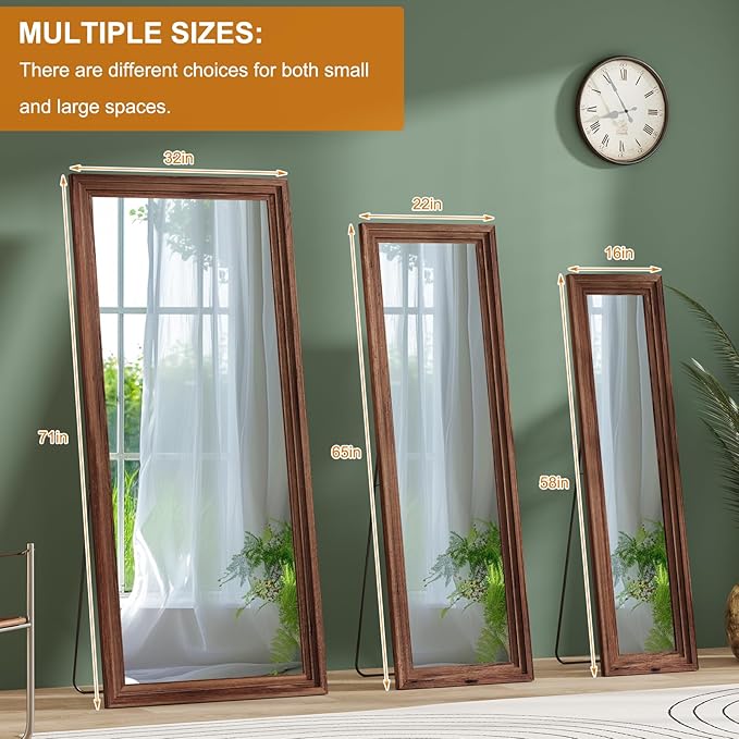 Full Length Mirror,71x32 Inch Full Length Mirror Wall Mounted,Vertical Hanging,Leaning Standing for Bedroom,Living Room,Rectangular Wooden Frame,Wood Brown Color.