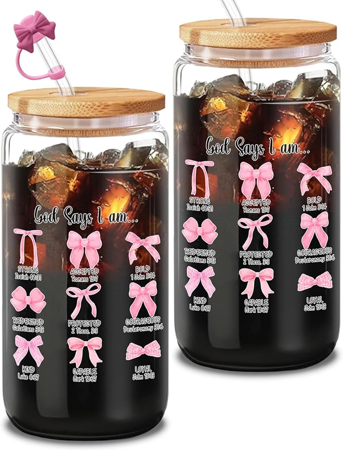 God Says I Am Inspirational Tumbler, Coquette Pink 16oz Glass with Lid and Straw, Gift Set with Cleaning Brush, Uplifting Present for Christian Women, One Piece