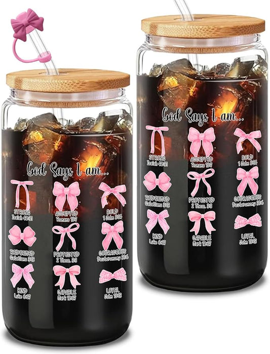God Says I Am Inspirational Tumbler, Coquette Pink 16oz Glass with Lid and Straw, Gift Set with Cleaning Brush, Uplifting Present for Christian Women, One Piece