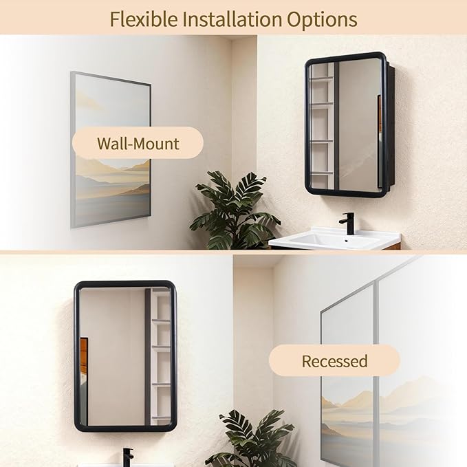 Bathroom Medicine Cabinet with Black Wood Framed Mirror, Recessed or Wall Mount Bathroom Vanity with Storage Shelves 17.5x26 inch
