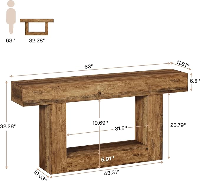 Tribesigns 63-Inch Long Console Table, 2-Tier Entryway Table Sofa Table with Storage, Farmhouse Wood Behind Couch Table for Living Room, Hallway, Rustic Brown