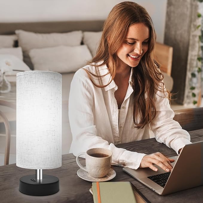 Small Lamp for Bedroom, Bedside Lamps for Night Stands, Mini Minimalist Table Lamp with Round Flaxen Fabric Shade, 11 Inch Desk Reading Lamp for Dorm Room Living Room Office Room, 1 Pack