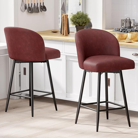Counter Height Bar Stools Set of 2,360° Swivel Barstools with High Back and Metal Legs,26" Seat Height, Upholstered PU Leather Bar Chairs for Kitchen Island, Dining Room,Cafes,Red