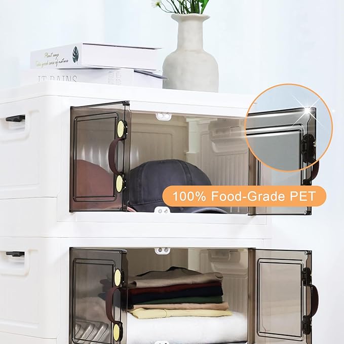 MOONEDGE 140QT Stackable Plastic Storage Bins with Lids & Handles, Foldable Collapsible Closet Organizer with Magnetic Doors and Side Locking, 4 Pcs for Living Room, Office, Garages