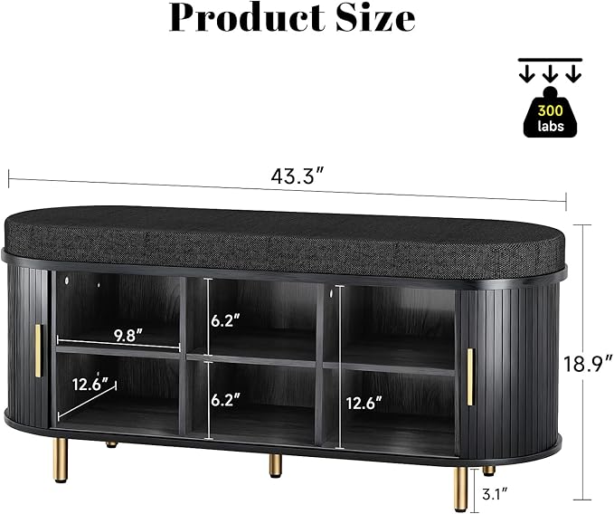 DHH Entryway Bench with Shoe Storage Fluted Shoe Storage Sliding Door and Adjustable Shelf with Cushion,2-Tier Shoe Rack Cabinet for Entryway, Bedroom, Living Room(Black)