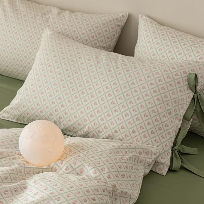 Pink Flower Duvet Cover Full Size Vintage Country Style Red Floral Comforter Cover Green Grid Plaid Duvet Cover with 2 Bow Ties Pillowcases Cotton Girls Floral Bedding Quilt Cover with Zipper Closure