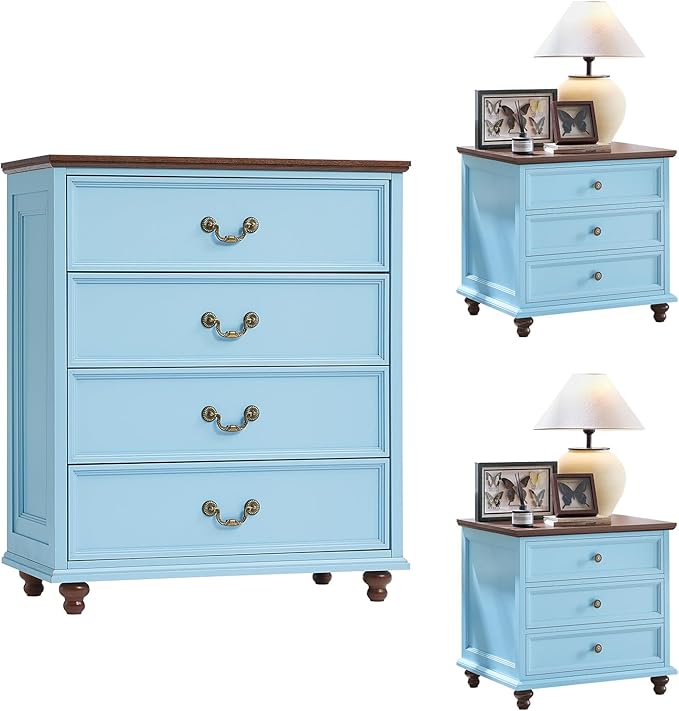 24" Wide Farmhouse Nightstand Set of 2, 54" 7 Drawers Dresser, 37" Tall Rustic Chests of Drawers w/ 4 Solid Wood Feet, Farmhouse Furniture Series for Living Room,Bedroom,LightBlue