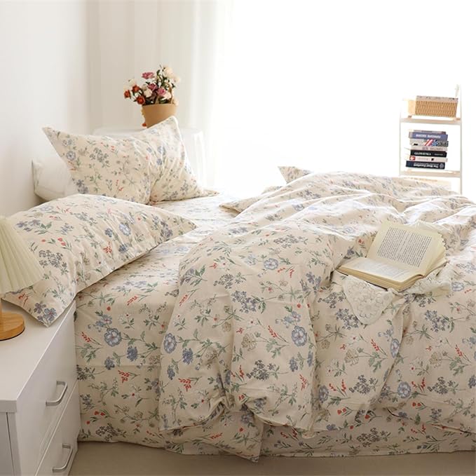 EAVD Garden Floral Comforter Set King Size Bed Soft Fluffy Chic Cute Floral Print Bedding Set 3 Pieces Cottagecore Botanical Comforter Set with 2 Pillowcases for All-Season