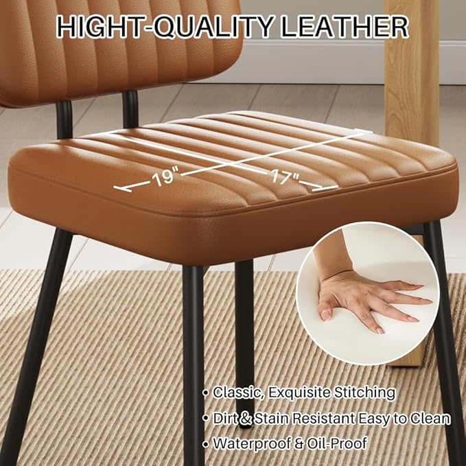 Dining Chairs Set, Upholstered Mid Century Modern Kitchen Dining Room Accent Chairs with Faux Leather Cushion Seat & Metal Legs for Kitchen, Living Room (Brown, Set of 2)