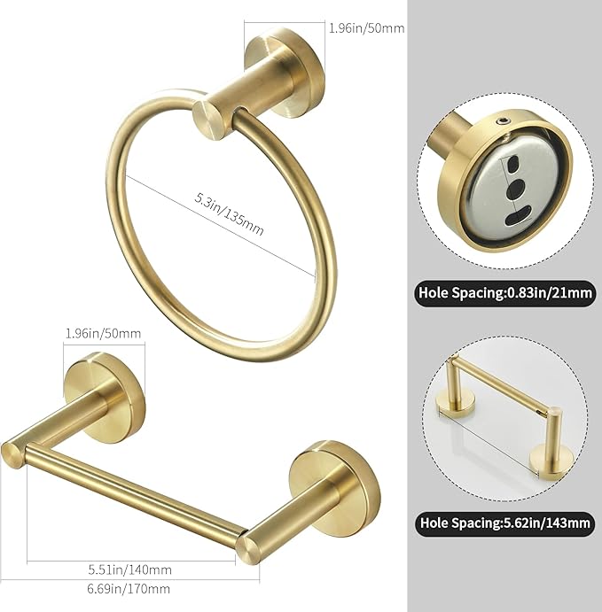 Gold Toilet Paper Holder Towel Ring, Brushed Gold Bathroom Accessories Hand Towel Holder Wall Mount Bath Hardware Set Tissue Roll Holder with Double Post SUS304 Stainless Steel 2pc