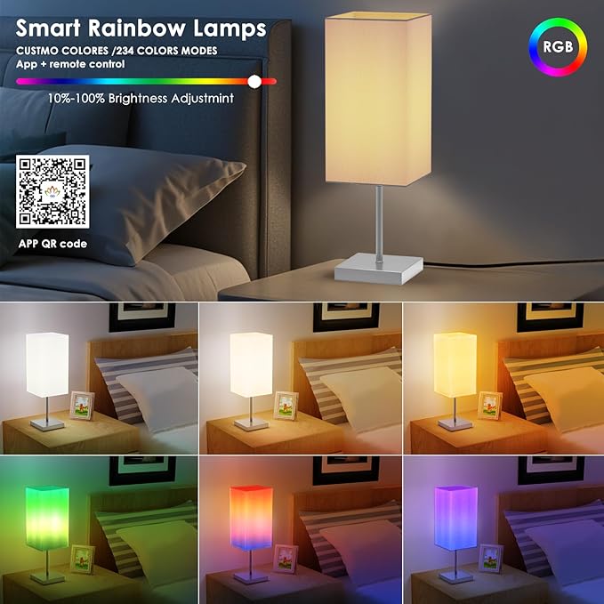 Smart Bedside Table Lamp for Bedroom, Modern Bedroom Lamps for Nightstand Decoration, 72 LED Colorful Bulb with APP Control & Music Sync & Timer, Desk Light for Home Office Living Room (Nickel Square)