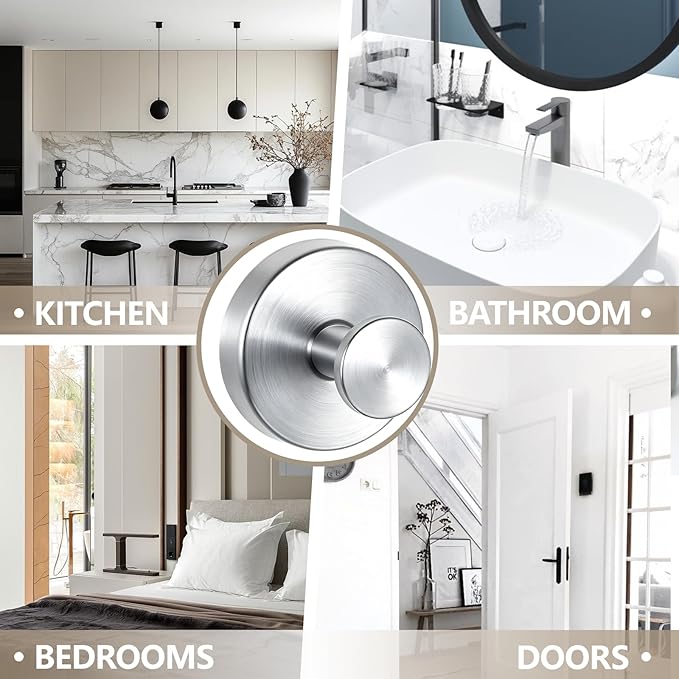 4 PCS Upgraded Drill-Free Suction Cup Hooks, Shower Towel Hooks for Bathrooms Stainless Steel Suction Hook Towels Hanger for Bathroom Kitchen Clothes Mirror Wall (Brushed Silver)